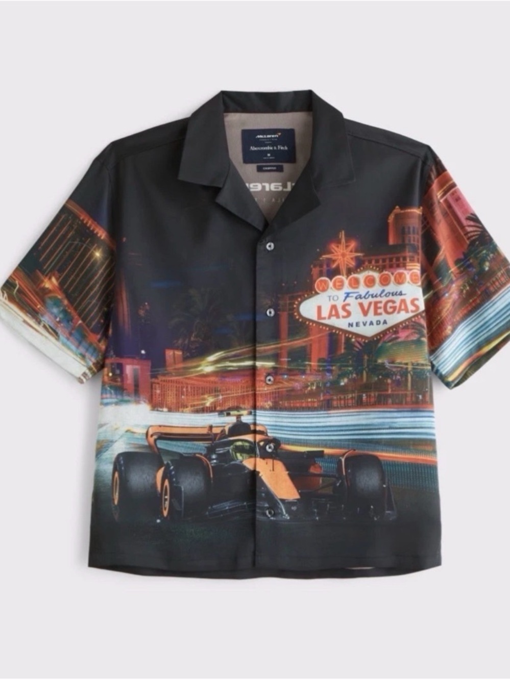 Abercrombie & Fitch F1 Mclaren Las Vegas Print Satin Button Up Collar Short Tee